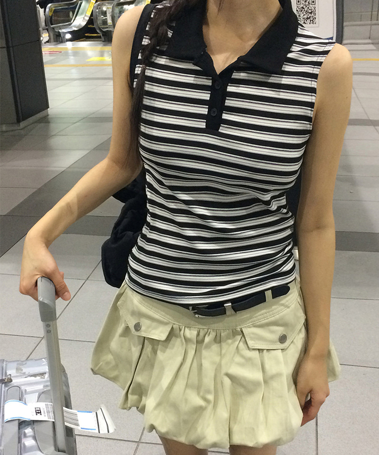 ストライプカラーネックノースリーブTシャツ BLACK