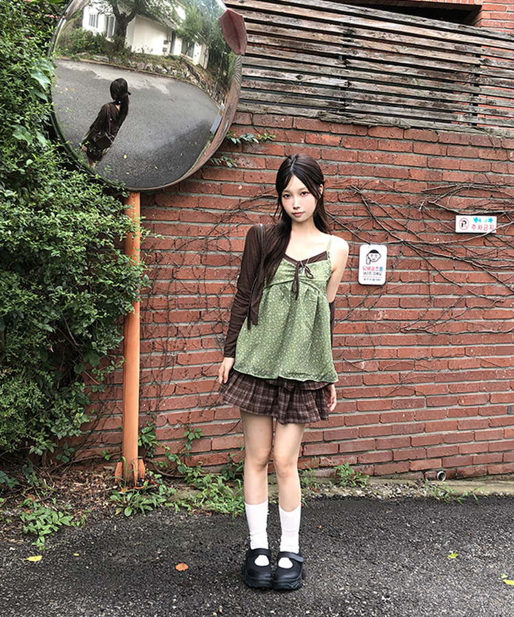 말차맛 플라워 빈티지 플레어 나시 뷔스티에 가디건 투피스 세트 브라운