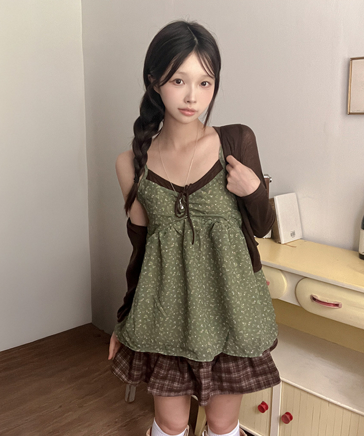 말차맛 플라워 빈티지 플레어 나시 뷔스티에 가디건 투피스 세트 브라운