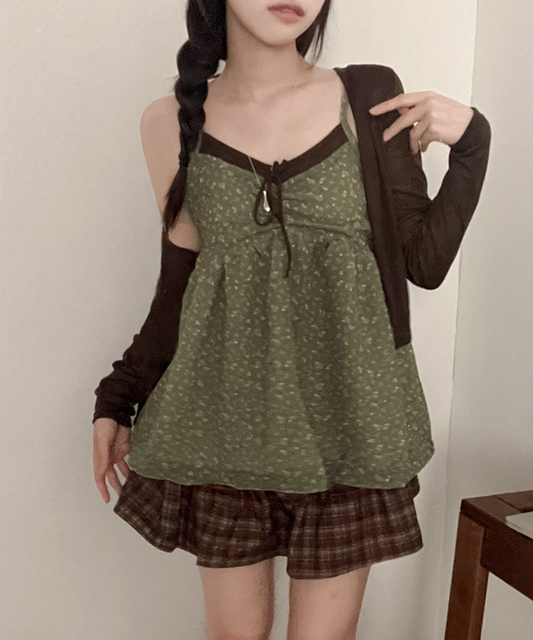 말차맛 플라워 빈티지 플레어 나시 뷔스티에 가디건 투피스 세트 브라운