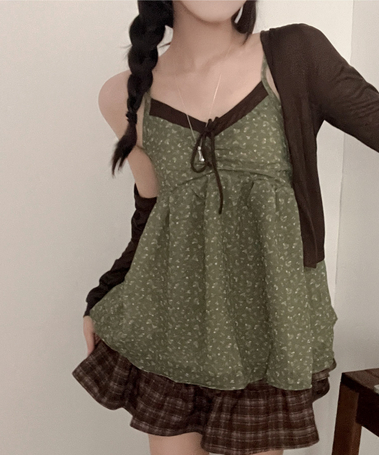 말차맛 플라워 빈티지 플레어 나시 뷔스티에 가디건 투피스 세트 브라운