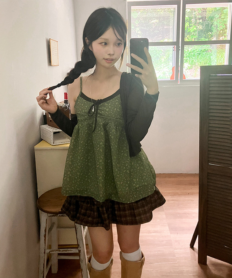 말차맛 플라워 빈티지 플레어 나시 뷔스티에 가디건 투피스 세트 브라운