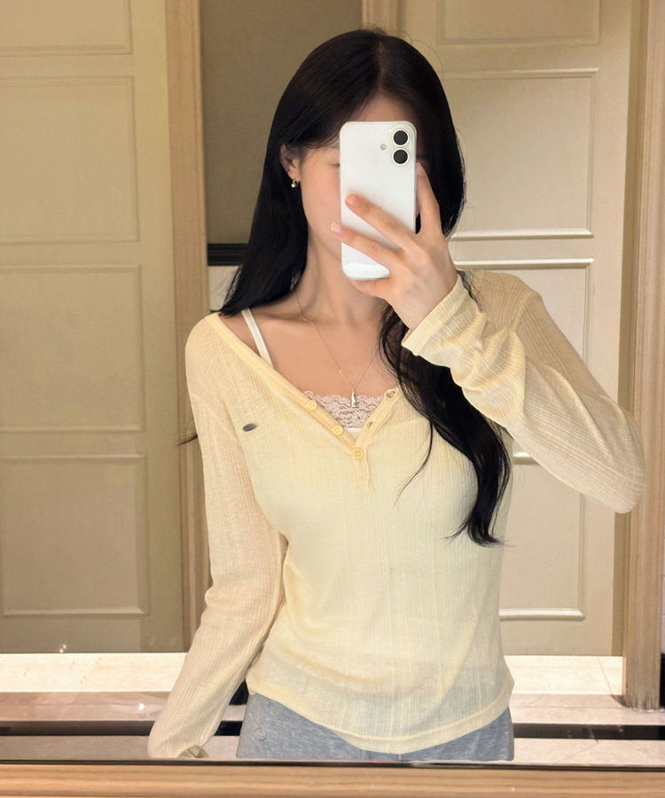 리픈 버튼골지 브이 시스루 긴팔티셔츠 8color 레몬