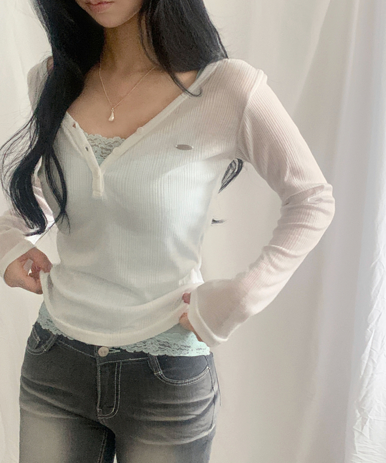 리픈 버튼골지 브이 시스루 긴팔티셔츠 8color 아이보리