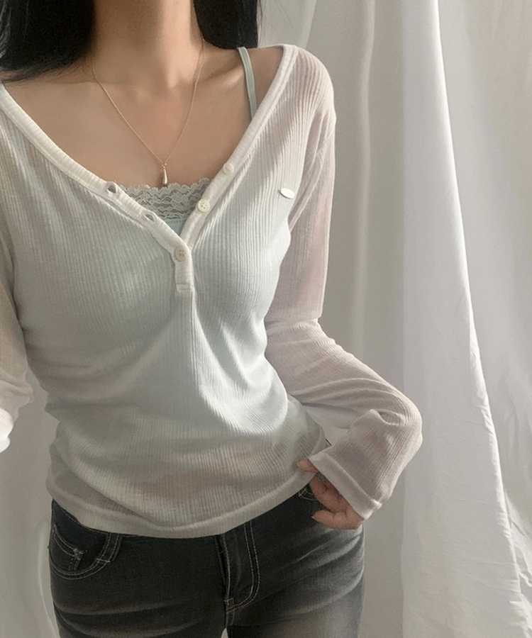 리픈 버튼골지 브이 시스루 긴팔티셔츠 8color 아이보리