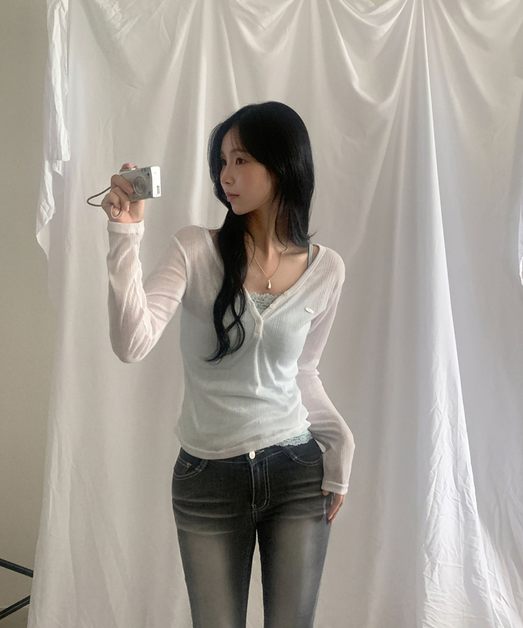 리픈 버튼골지 브이 시스루 긴팔티셔츠 8color 아이보리