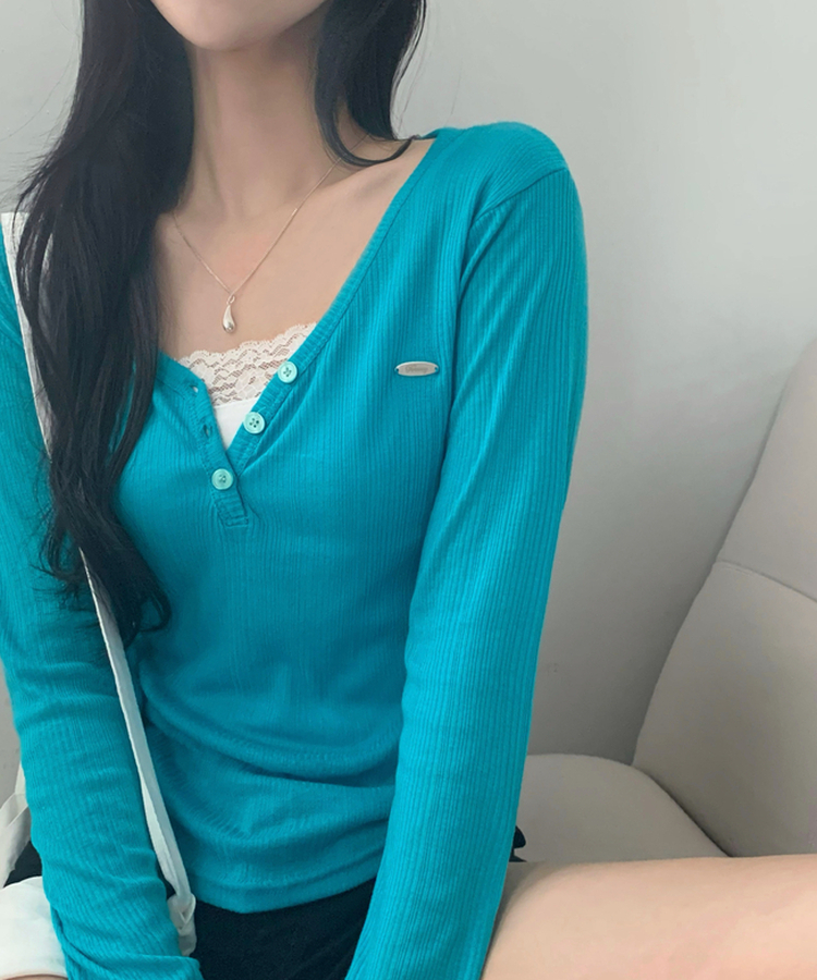 리픈 버튼골지 브이 시스루 긴팔티셔츠 8color 블루