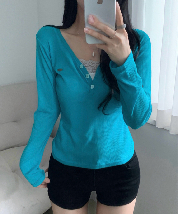 리픈 버튼골지 브이 시스루 긴팔티셔츠 8color 블루