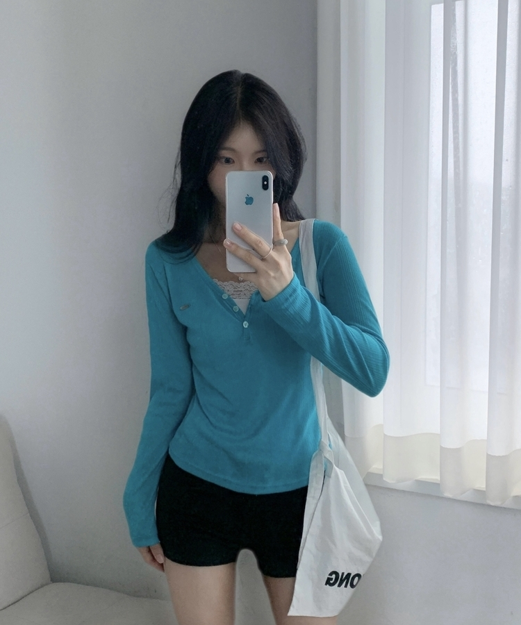 리픈 버튼골지 브이 시스루 긴팔티셔츠 8color 블루