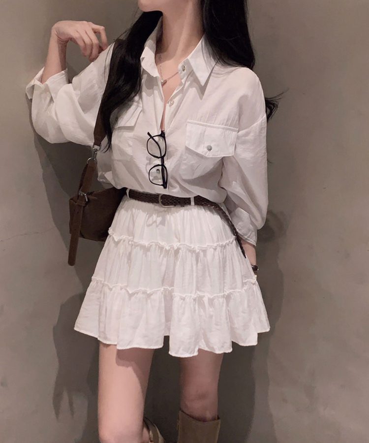 여름까지 살안타템으로 즐기는 세트에센스 셔츠벨트스커트 쓰리피스 세트 아이보리