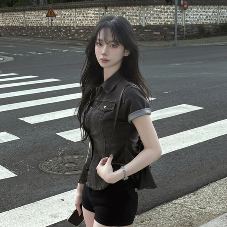 빈티지 워싱 스냅 밑단굴림 슬림핏 반팔 데님 청셔츠 남방 청자켓 연청 중청 흑청 차콜
