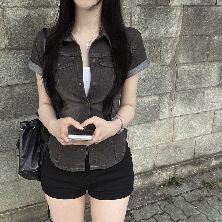 빈티지 워싱 스냅 밑단굴림 슬림핏 반팔 데님 청셔츠 남방 청자켓 연청 중청 흑청 차콜
