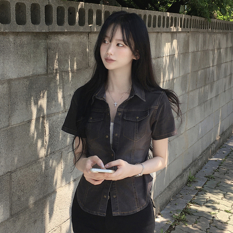 빈티지 워싱 스냅 밑단굴림 슬림핏 반팔 데님 청셔츠 남방 청자켓 연청 중청 흑청 차콜