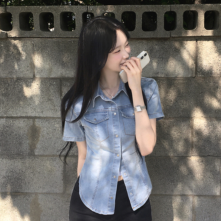 빈티지 워싱 스냅 밑단굴림 슬림핏 반팔 데님 청셔츠 남방 청자켓 연청 중청 흑청 라이트블루