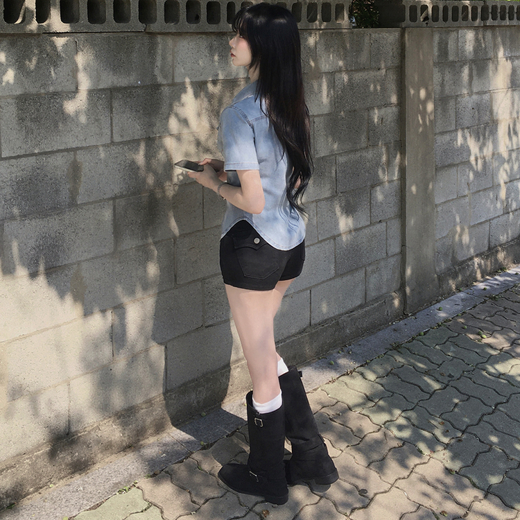 빈티지 워싱 스냅 밑단굴림 슬림핏 반팔 데님 청셔츠 남방 청자켓 연청 중청 흑청 라이트블루