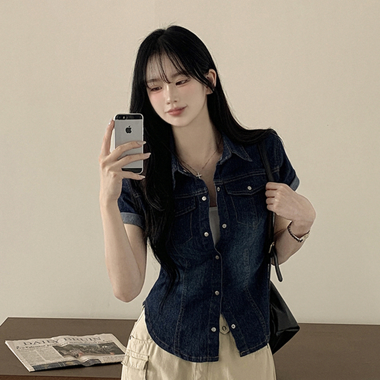 빈티지 워싱 스냅 밑단굴림 슬림핏 반팔 데님 청셔츠 남방 청자켓 연청 중청 흑청 블루