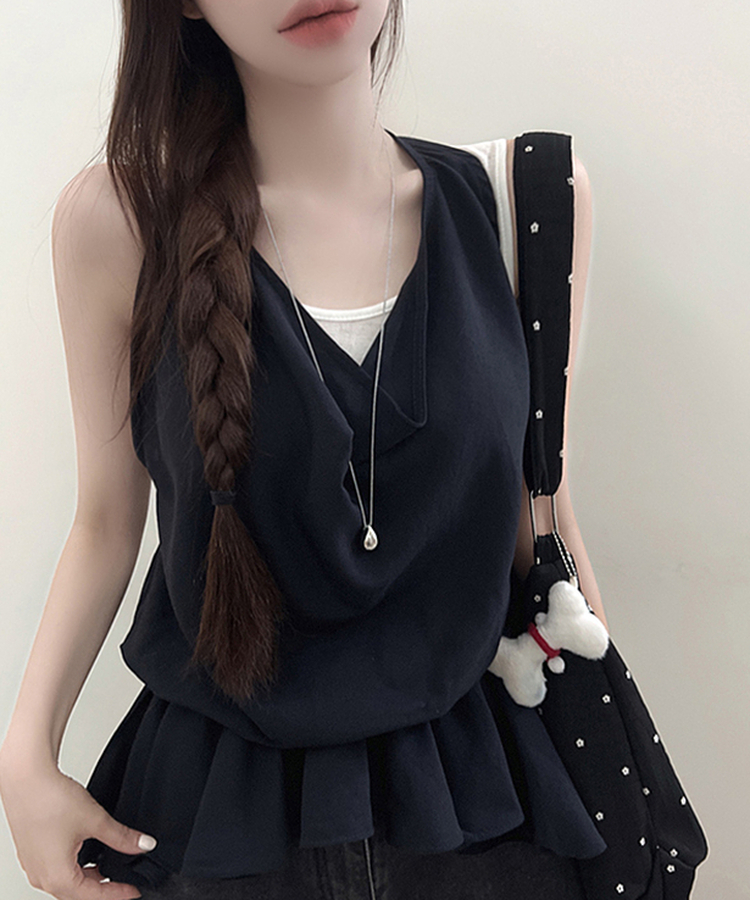 ドレープホルターレイヤードフリルブラウス NAVY