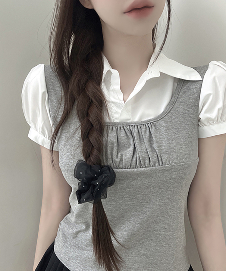 レイヤードカラースリムパフ半袖ブラウス GREY