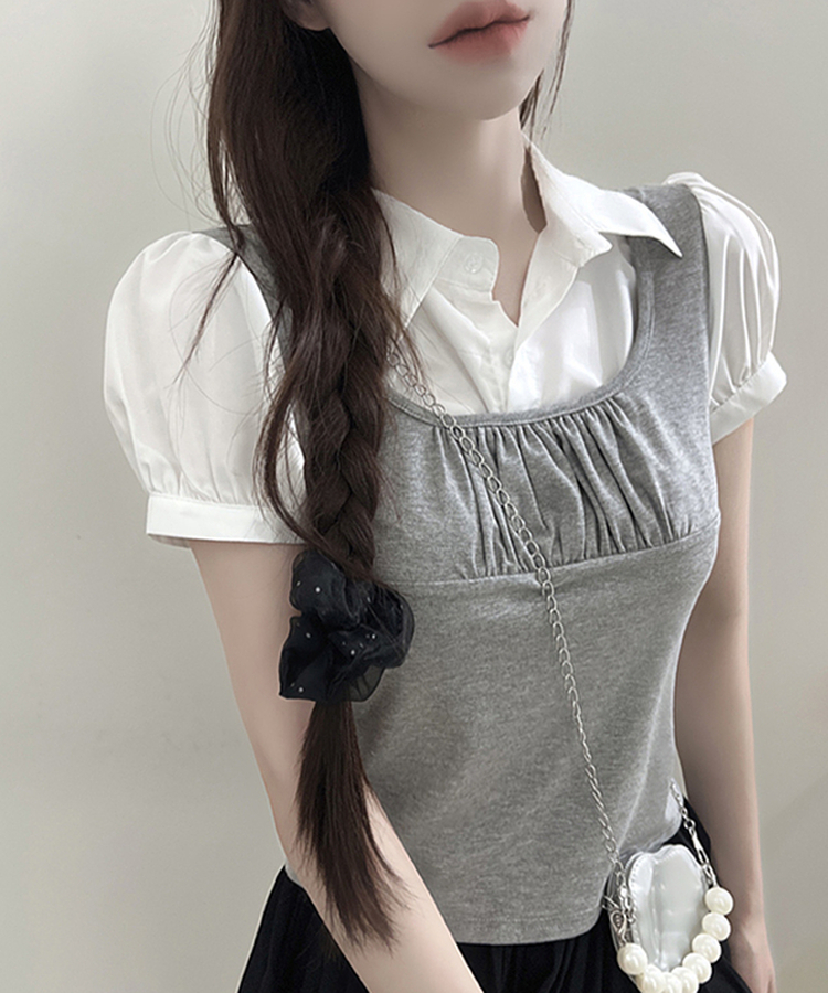 レイヤードカラースリムパフ半袖ブラウス GREY