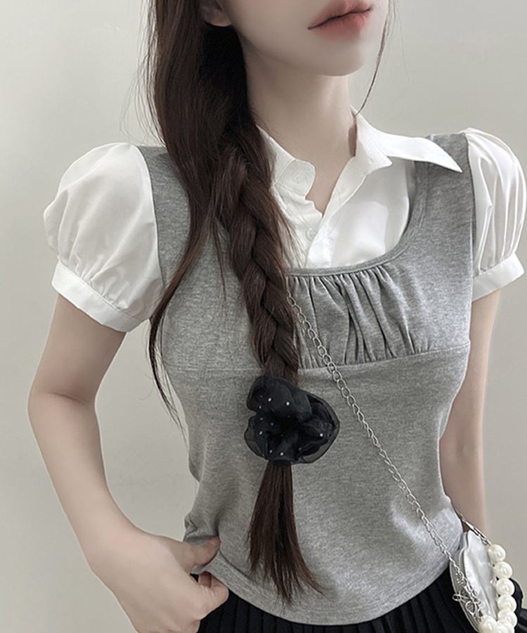 レイヤードカラースリムパフ半袖ブラウス GREY