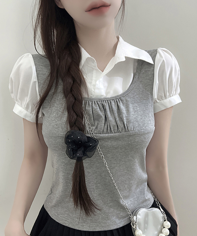 レイヤードカラースリムパフ半袖ブラウス GREY