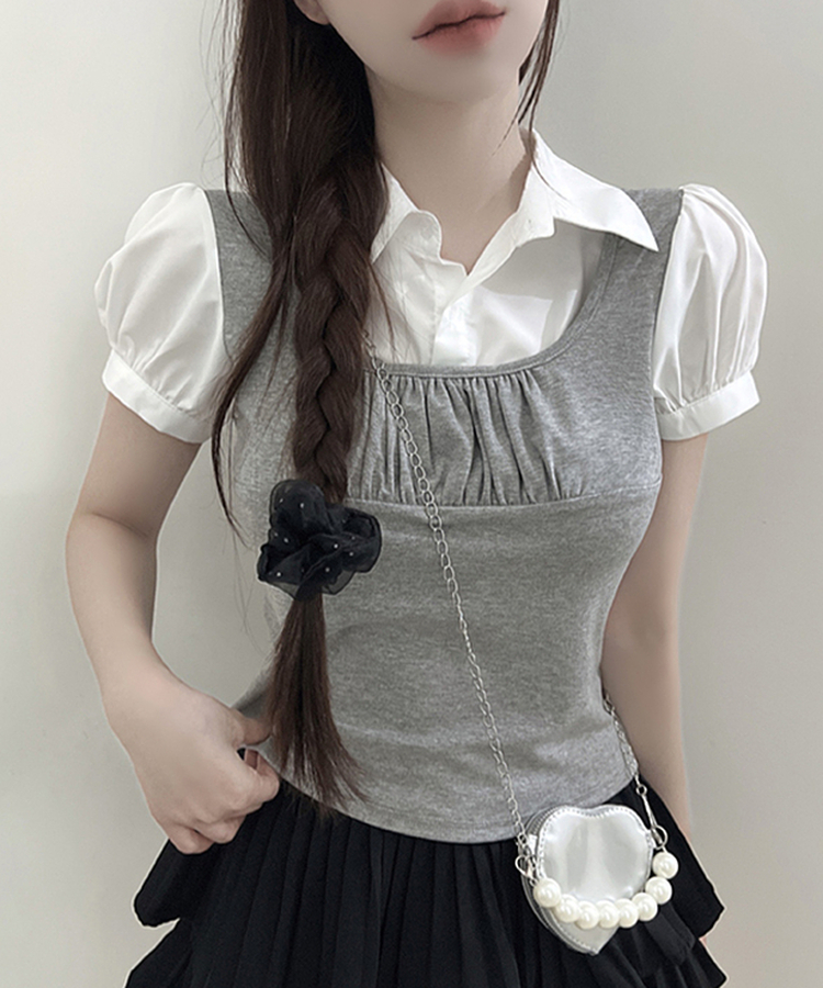 レイヤードカラースリムパフ半袖ブラウス GREY