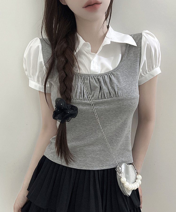 レイヤードカラースリムパフ半袖ブラウス GREY