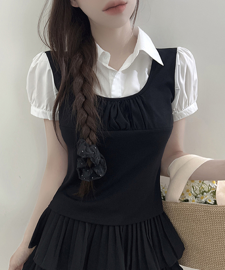 レイヤードカラースリムパフ半袖ブラウス BLACK