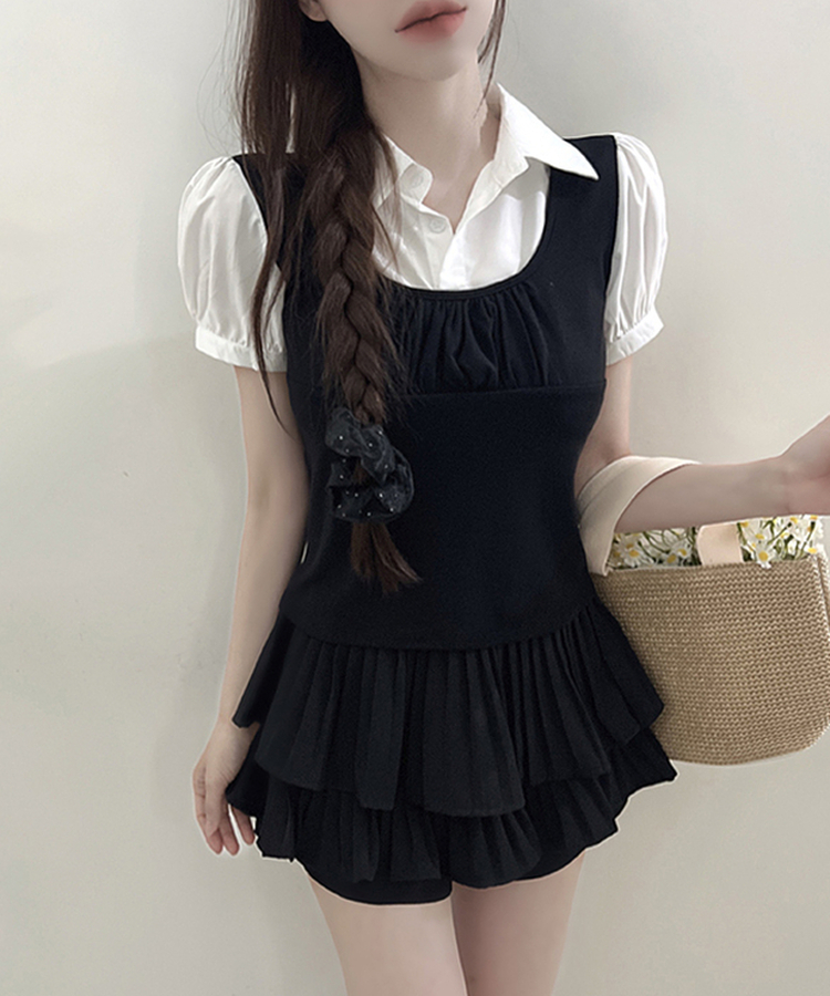 レイヤードカラースリムパフ半袖ブラウス BLACK