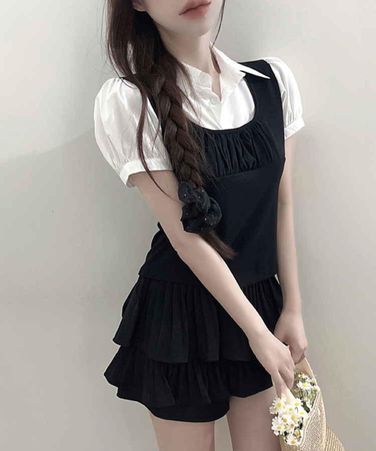 レイヤードカラースリムパフ半袖ブラウス BLACK