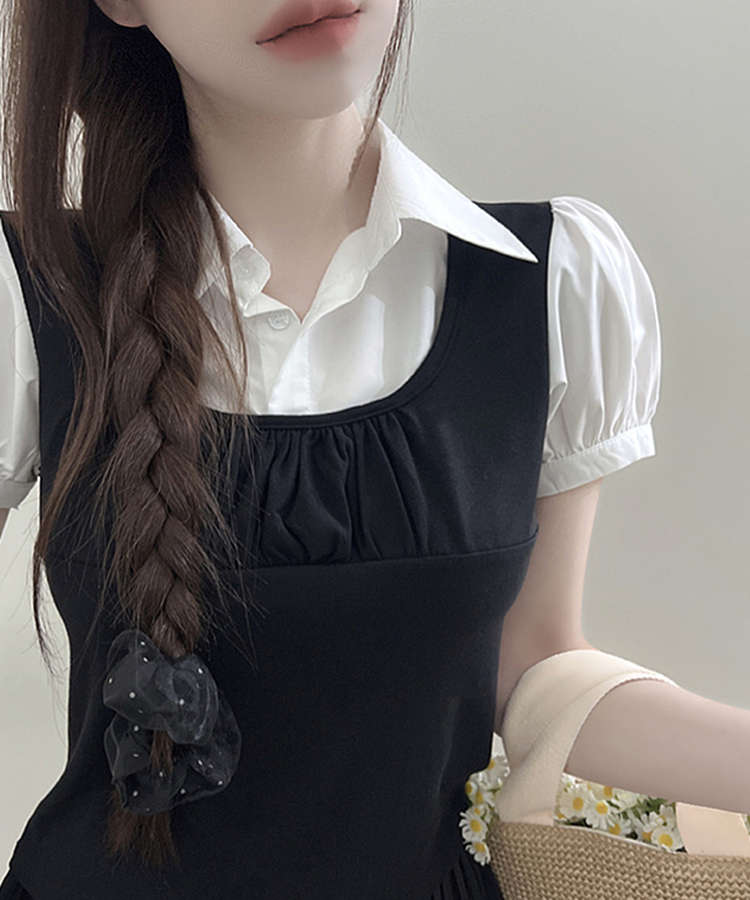 レイヤードカラースリムパフ半袖ブラウス BLACK