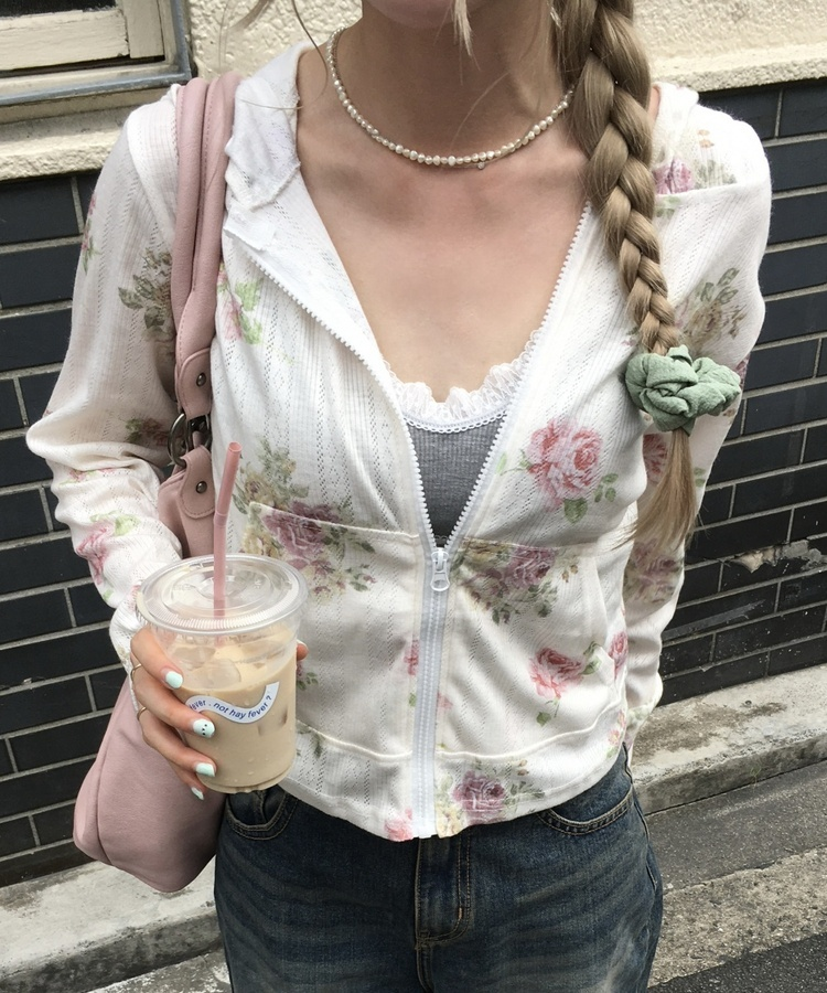 ビンテージローズ柄フードジップアップ FLOWER IVORY