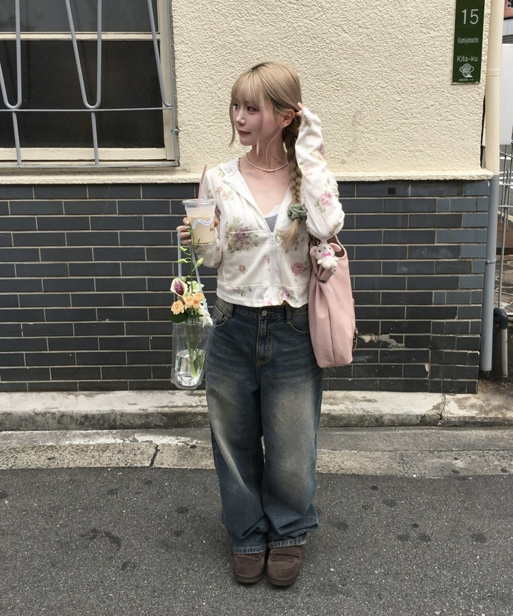ビンテージローズ柄フードジップアップ FLOWER IVORY