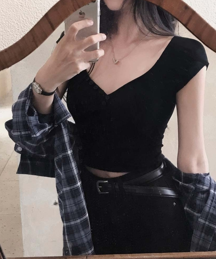 【カップ付き】クロップドスリムTシャツ(5color) BLACK