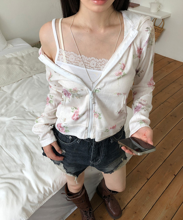 花柄ジップアップフードトレーナー IVORY
