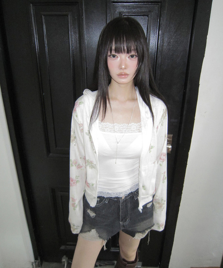 花柄ジップアップフードトレーナー IVORY