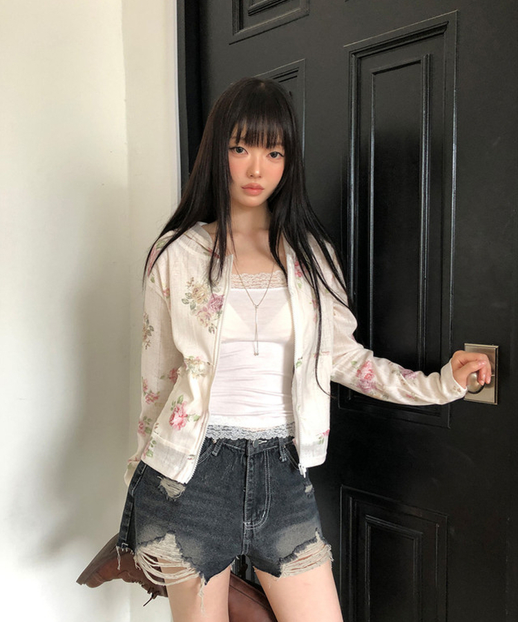 花柄ジップアップフードトレーナー IVORY
