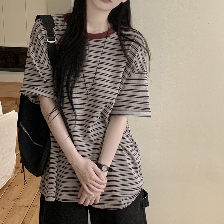 빈티지 배색 스트라이프 단가라 라운드 오버핏 여름 반팔티셔츠 그레이