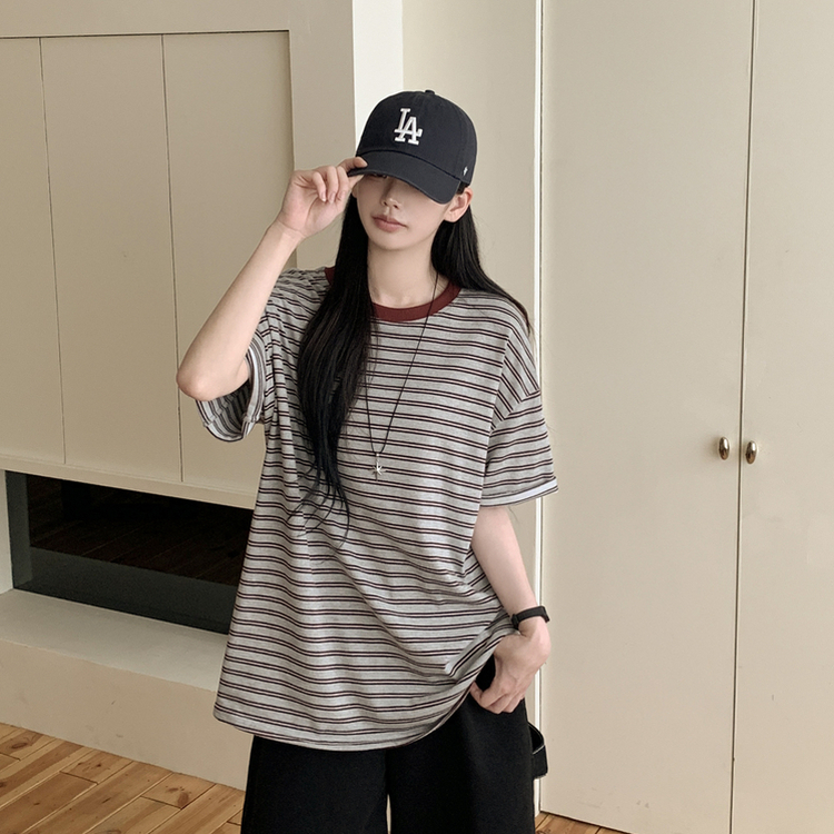 빈티지 배색 스트라이프 단가라 라운드 오버핏 여름 반팔티셔츠 그레이