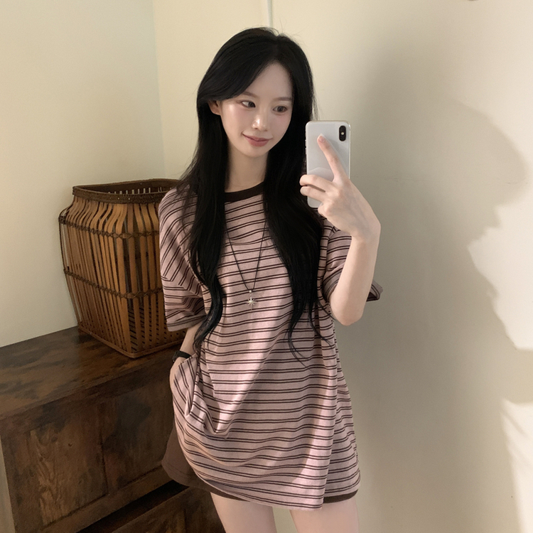 빈티지 배색 스트라이프 단가라 라운드 오버핏 여름 반팔티셔츠 핑크
