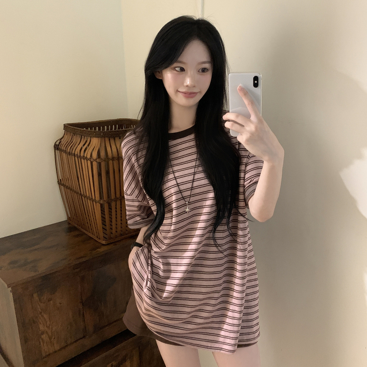 빈티지 배색 스트라이프 단가라 라운드 오버핏 여름 반팔티셔츠 핑크