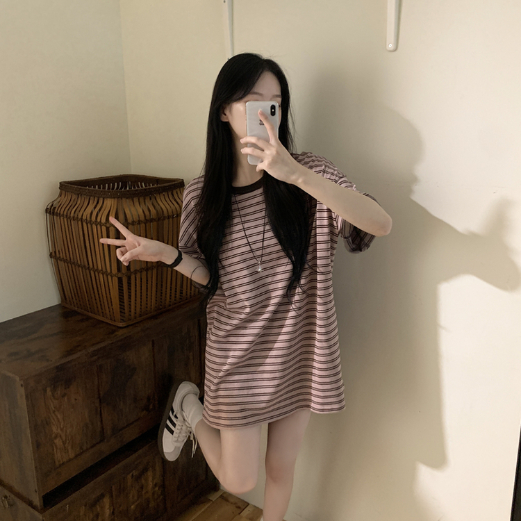 빈티지 배색 스트라이프 단가라 라운드 오버핏 여름 반팔티셔츠 핑크