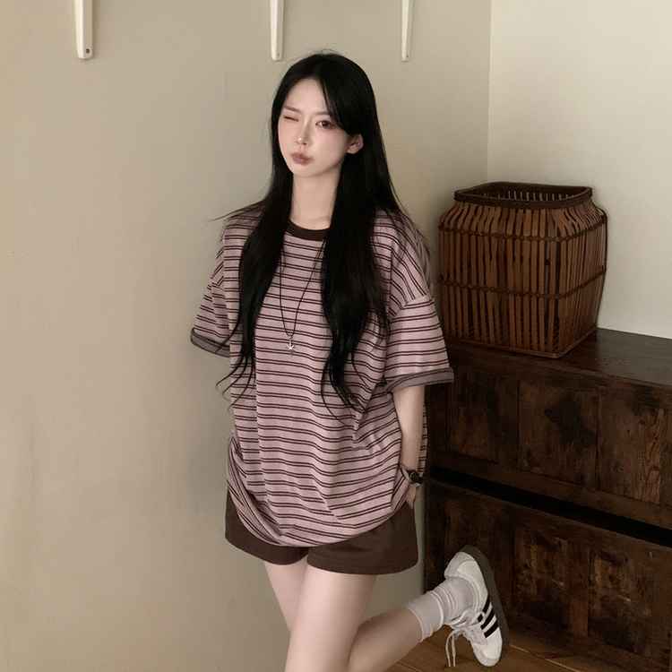 빈티지 배색 스트라이프 단가라 라운드 오버핏 여름 반팔티셔츠 핑크