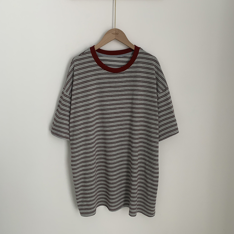 빈티지 배색 스트라이프 단가라 라운드 오버핏 여름 반팔티셔츠