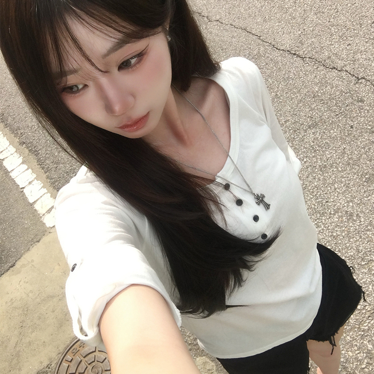 메리 헨리넥 여름 롤업 버튼 7부 반팔 티셔츠 여리핏 버튼 라운드 반팔티 루즈핏 단추 데일리 상의 5color 화이트