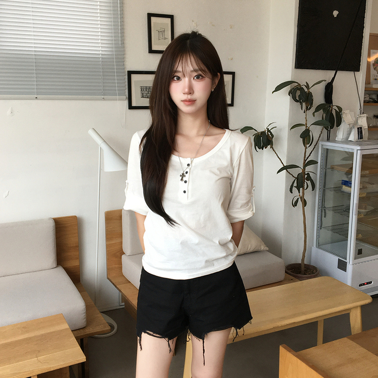 메리 헨리넥 여름 롤업 버튼 7부 반팔 티셔츠 여리핏 버튼 라운드 반팔티 루즈핏 단추 데일리 상의 5color 화이트