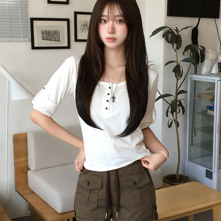 메리 헨리넥 여름 롤업 버튼 7부 반팔 티셔츠 여리핏 버튼 라운드 반팔티 루즈핏 단추 데일리 상의 5color 화이트