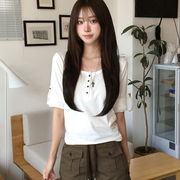 메리 헨리넥 여름 롤업 버튼 7부 반팔 티셔츠 여리핏 버튼 라운드 반팔티 루즈핏 단추 데일리 상의 5color 화이트