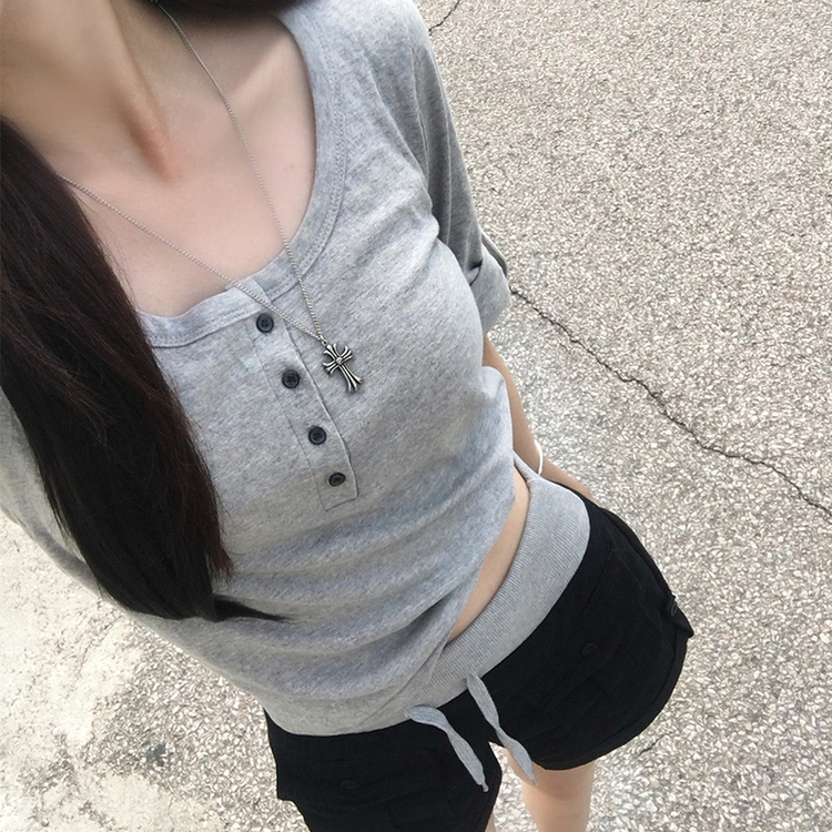 메리 헨리넥 여름 롤업 버튼 7부 반팔 티셔츠 여리핏 버튼 라운드 반팔티 루즈핏 단추 데일리 상의 5color 그레이