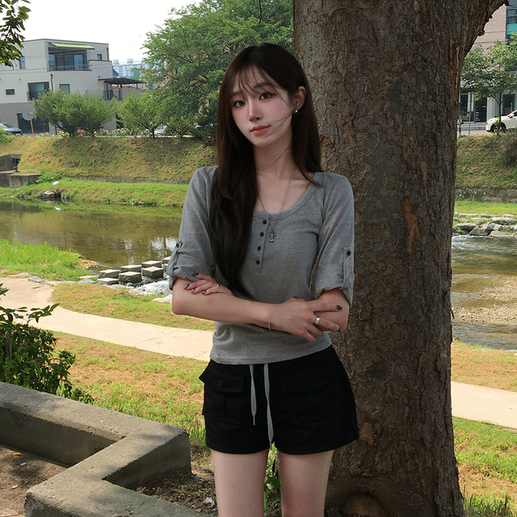 메리 헨리넥 여름 롤업 버튼 7부 반팔 티셔츠 여리핏 버튼 라운드 반팔티 루즈핏 단추 데일리 상의 5color 그레이